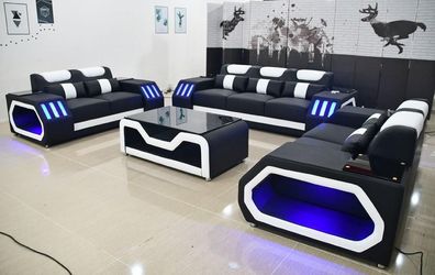 Sofagarnitur Beleuchtete Couch Set 3 + 2 + 2 + Tisch Ledersofa Sitz Design Polster