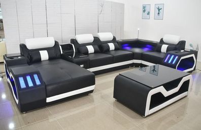 Ledersofa Sofa + couchtisch Polster Leder Design Ecksofa Couch Wohnlandschaft