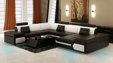 Ledersofa Sofa Couch Wohnlandschaft Ecksofa Garnitur Design Modern Schwarz + USB