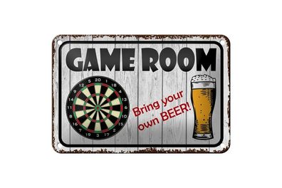 Blechschild Dart Game Room bring your Beer, 3 vers Größen, Spruch Hobby Sport