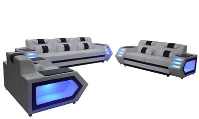 Sofa Couch Sitz Polster Komplett Gruppe Set Leder Garnitur 3 + 2 + 1 + LED + USB Neu
