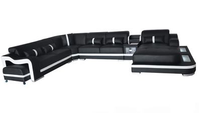 Wohnlandschaft Sofa Couch Polster Leder Eckgarnitur Konsolen Tisch + Licht + USB