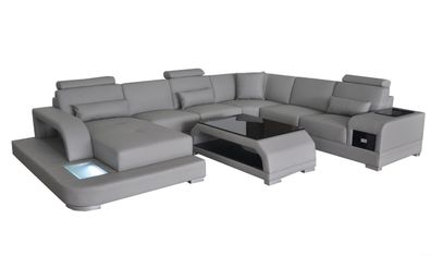 Ledersofa Wohnlandschaft Ecksofa Sitzecke Sitzgarnitur Sofa Couch + USB + Tisch