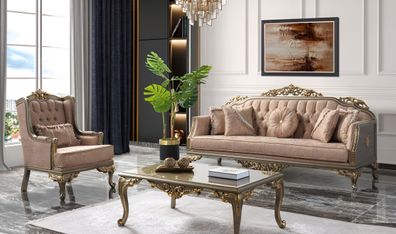 Chesterfield Sofagarnitur Dreisitzer Sessel Stoff Couchtisch Beige Neu