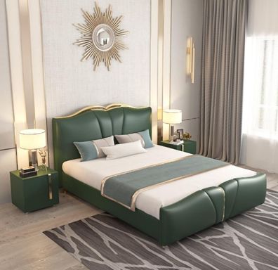 Bett Luxus Möbel Bettrahmen Holz Schlafzimmer Einrichtung Kunstleder Neu