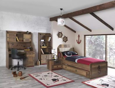 Kinderzimmer Garnitur Pirat Bettrahmen Jugendbett Holz Braun 5tlg Set