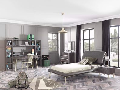 Garnitur Kinderzimmer Jugendbett Bettrahmen Bett Set 7tlg Holz Grau