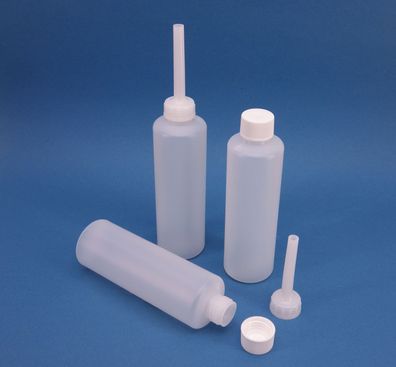 250ml PE Flasche mit Einfüllrohr, Füllrohr 65mm, und Schraubdeckel