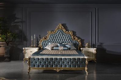 Klassisches Chesterfield Bett Schlafzimmer Set Blau 2x Nachttische Gold 3tlg