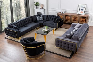Designer 3tlg. Wohnzimmer Set Ecksofa L-form + 3 + 1 Sitzer Luxus Eckcouch