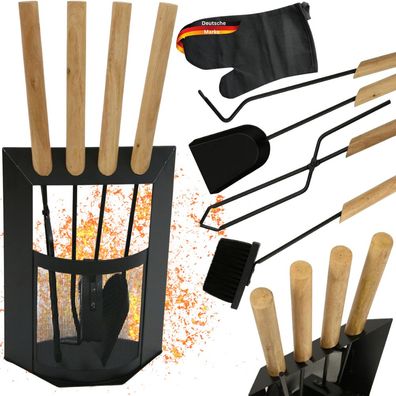 Kaminbesteck modern THEO 6-teilig Holzgriff Schérhaken Besen Ascheschaufel