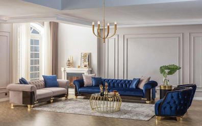 Chesterfield Sofagarnitur 431 Sitzer Sofas Sessel Stoff Blau Luxus Neu