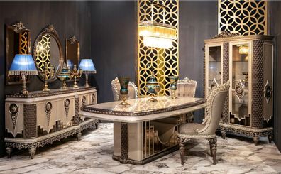 Klassischer Tauper Esszimmer Set Luxus Garnitur Esstisch Stühle Kommode