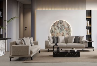 Moderne beige Holz-Textil 3-Sitzer Sofas im Doppelset