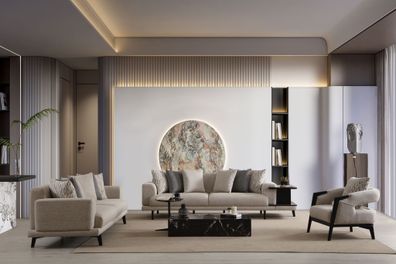 Elegantes Wohnzimmer Set aus Holz und Textil in Beige