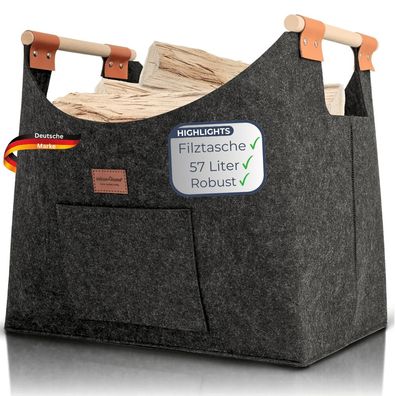 Kaminholzkorb Filz Grau MELLA XXL Korb 57L Holzkorb fér Kaminholz Verstärkter Griff