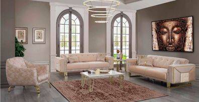 Komplette Beige Sitzgarnitur Wohnzimmer Sofas Luxus Sessel Couchtisch