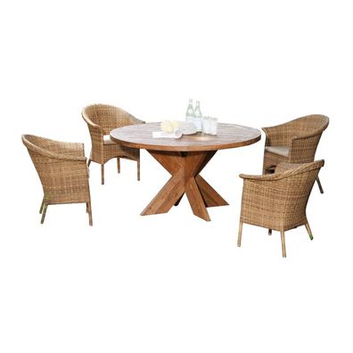Sonnenpartner CaymanundQuantum 5-teilige Sitzgruppe Ø120 cm Teakholz natura-antik