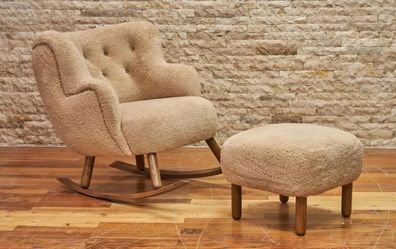 Beiger Schaukelstuhl Luxus Hocker Wohnzimmer Garnitur Polster Hocker 2tlg