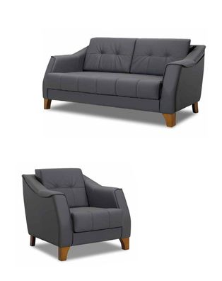 Sofagarnitur Sofa 2 + 1 Sitzer Wohnzimmer Leder Polster Möbel Modern Stil Grau