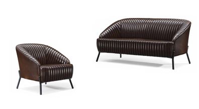 Braune Ledergarnitur Wohnzimmer Zweisitzer Designer Ledersessel 2tlg