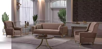 Beige Polster-Sofagarnitur Designer 3 + 1 + 1 Sitzer Couchen Sessel 3tlg Set