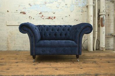 Chesterfield Sessel Couch Polster Sofa Couchen 1,5 Sitzer Einsitzer Blau Textil