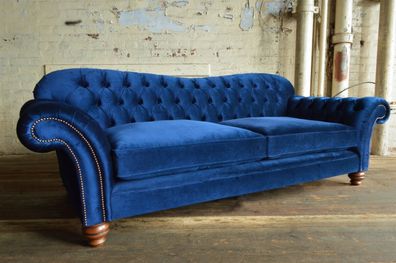 Design Sofa 4 Sitzer Couch Textil Polster Blau Klassische Sofas Chesterfield Neu