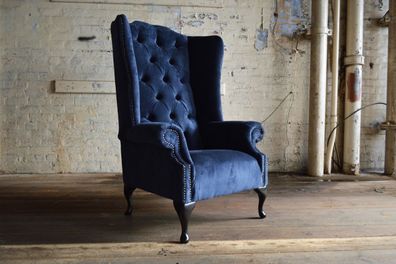 Blauer Ohrensessel Chesterfield Sofa Couch Polster 1 Sitzer Sessel Sofas Textil
