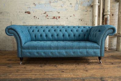 Chesterfield 3 Sitzer Polster Couch Leder Sofa Couchen Modern Stil Blau Textil