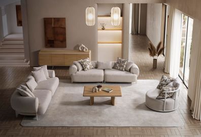 Moderner Wohnzimmer Set aus Holz und Textil in Beige
