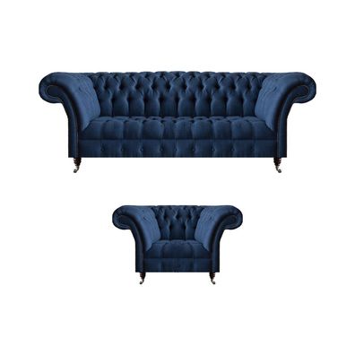 Dunkelblaue Wohnzimmer 3-Sitzer Couch Designer Lehnsessel Edler 2tlg Set