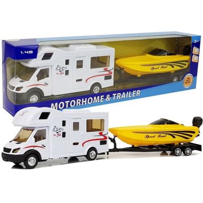 Wohnmobile with a Yellow Motorboat and 1:48 Friction Drive