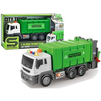 Müllwagen mit Reibantrieb, Soundeffekte, grün, 1:16, Sortierung