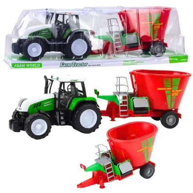 Grüner landwirtschaftlicher Traktor mit Anhänger und Futtermischer 50cm