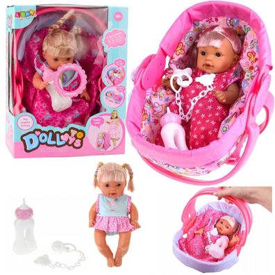 Babypuppe in Tragetasche, Flasche, Schnuller, spricht, plappert, Wee
