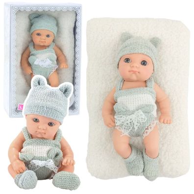 Babypuppe mit Decke, weiß-grauem Outfit, Mütze, 18 cm