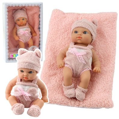 Babypuppe mit Decke, weiß-rosa Kleidung, Mütze, 18 cm