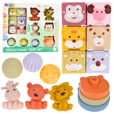 Set aus weichen sensorischen Lernbausteinen in Form von Gummitieren, 18-teilig