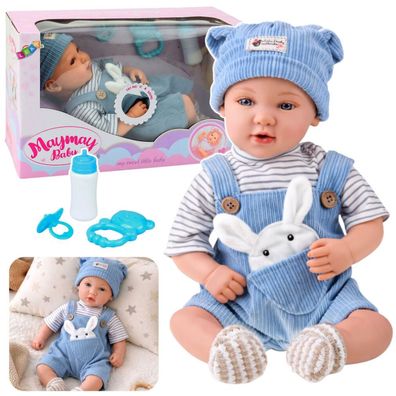 Babypuppe im blauen Hasenoutfit mit Zubehör und Geräuschen, 39 cm