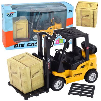 Gabelstapler mit motorisierter Metallpalettenbox, Transportgabeln, gelb