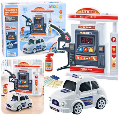 Interaktive Tankstelle: Polizeiauto-Blaulichter, Geräusche, Rauch