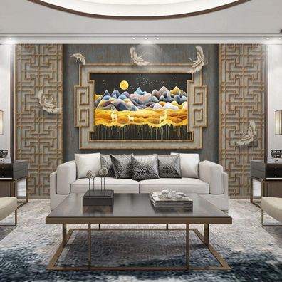 Premium goldene Berg Flusslandschaft - Edles Design mit Hirschen Kranichen 10297