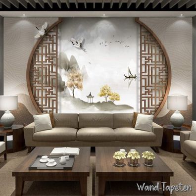 Handgemaltes - Asiatische Landschaft & Blumen Wanddekoration 7205