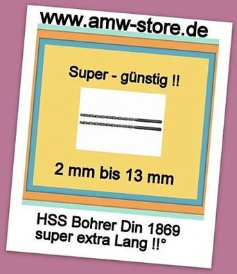 Lange Spiralbohrer Bohrer Metall 2 bis 13 mm HSS G DIN 1869 extra Lang Spiralbohrer