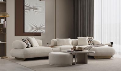 Elegantes Relax-Sofa aus Bouclé-Stoff in Creme mit Konsole Couchtisch und Pouf