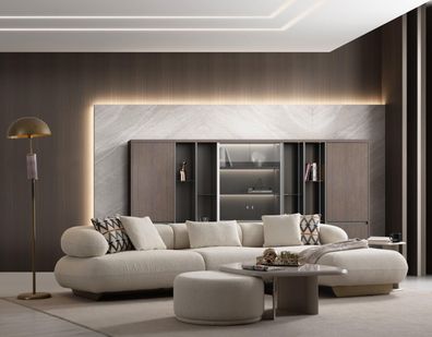 Beige Couchgarnitur Wohnzimmer Dreisitzer Luxus Couchtisch Hocker