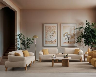 Beige Wohnzimmer Sitzgarnitur Edle Posltersofas Holz Beistelltisch