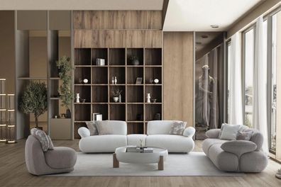 Weiß-Beige Wohnzimmer Sitzgarnitur 2x Stoffsofas Runder Tisch Sessel