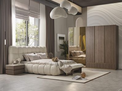 Beige Bett 2x Nachttische Kleiderschrank Luxus Betten Design Möbel Schrank